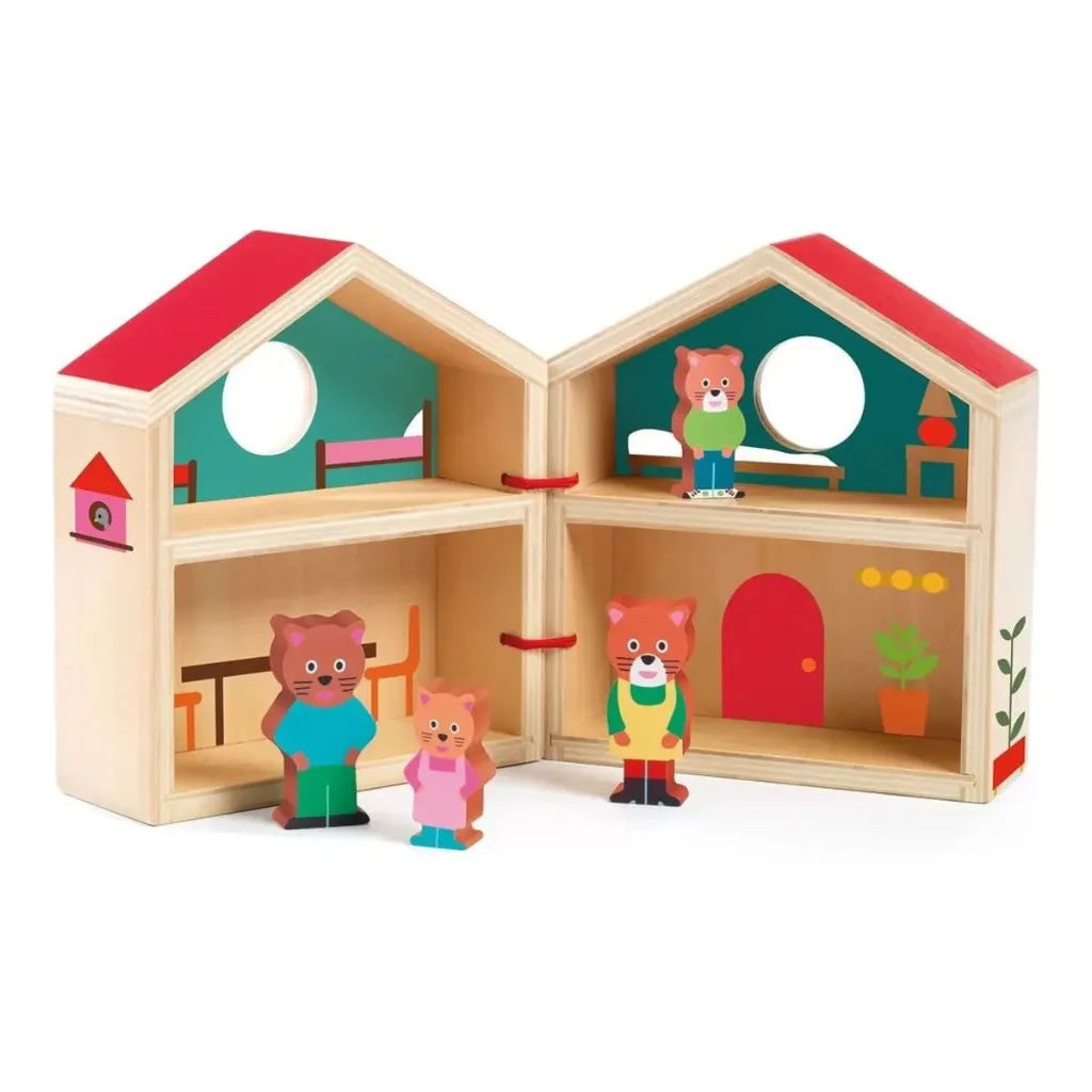 Djeco Minihouse - Maisonnette en bois à ouvrir avec 4 personnages, dès 18 mois
